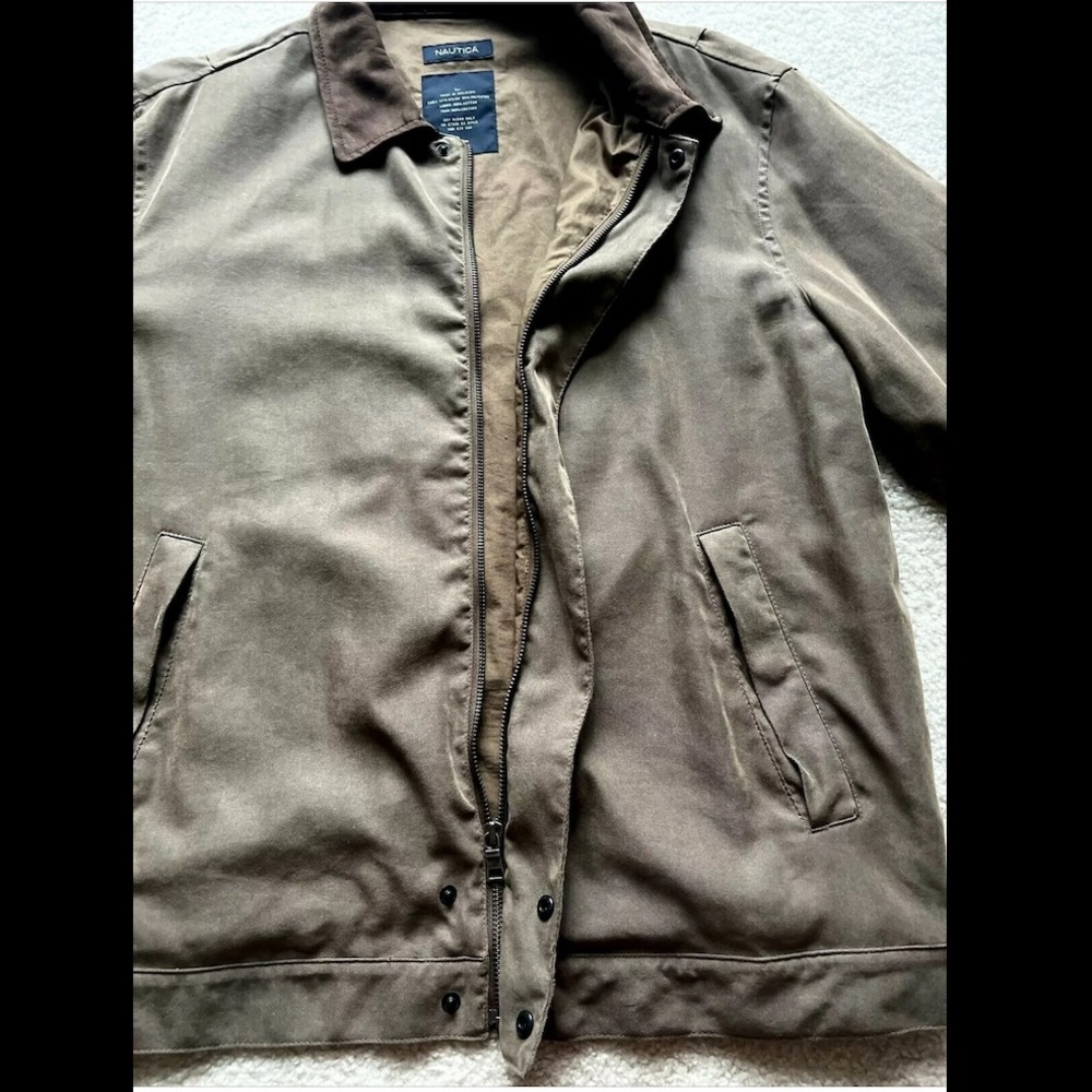 Vintage Nautica Mens Med Brown Bomber Style Jacket Leather Collar Size L - Picture 10 of 13